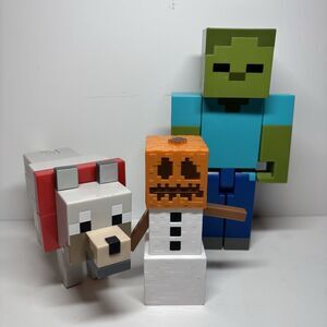 Minecraft Large Action Figure Lot - 8.5" Zombie, 5" Snow Golem, & Wolf Tame Dog